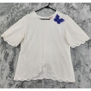 Vintage 80s Creative Touch Top Womens M White Blue Beaded Butterfly Scalloped‎
